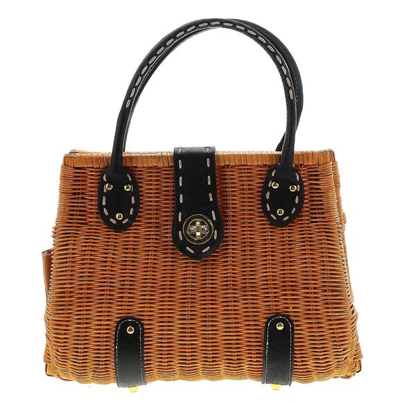 Handbags - 👜 Vintage Wicker Rattan & Black Leather Handbag – Woven Purse with Handles